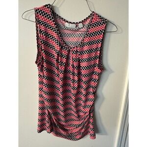 New York & Company Red Navy Polka Dot Stripe Keyhole Ruched Sleeveless Blouse M